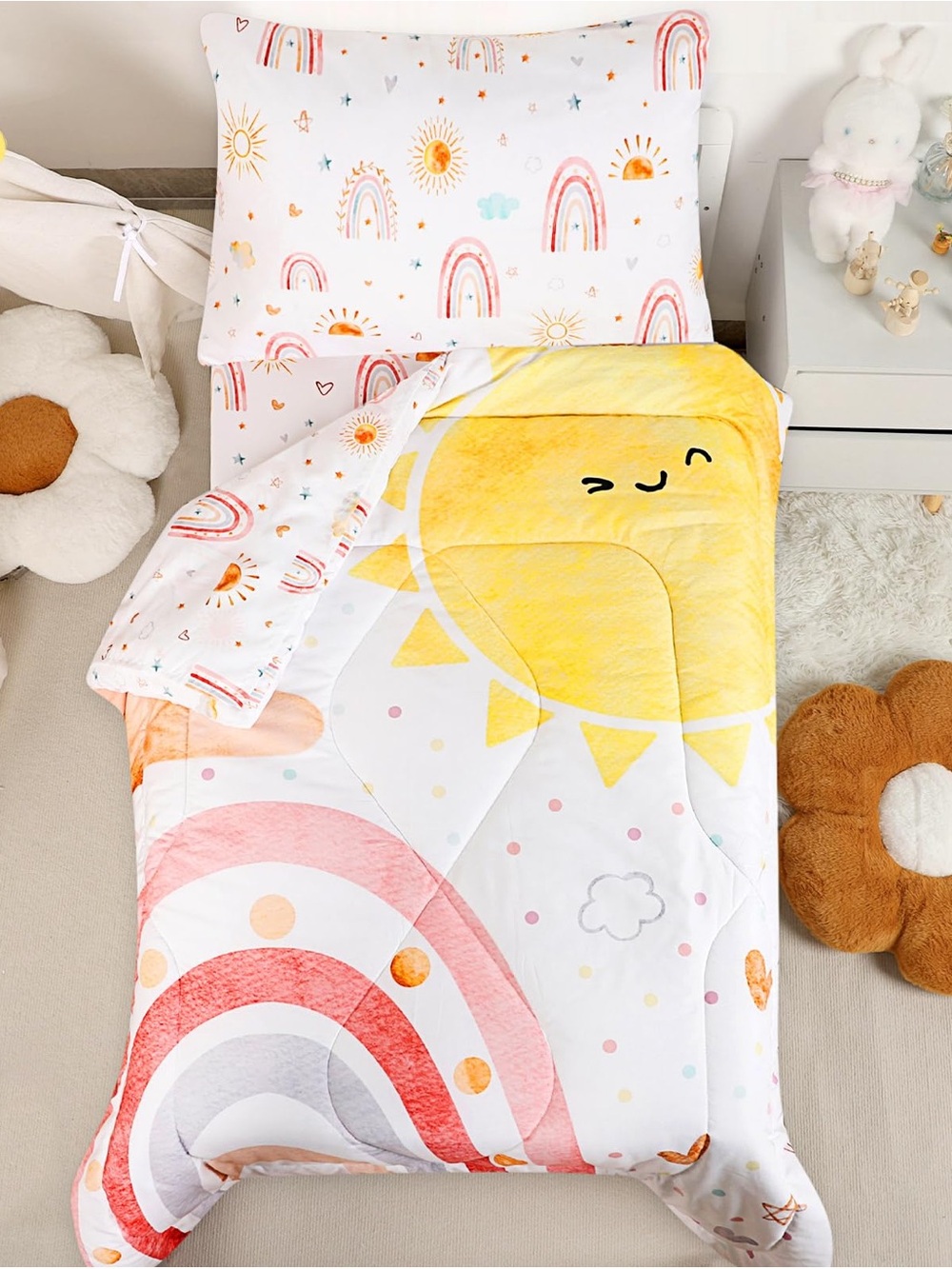 Caruili 4 Piece Toddler Bedding Set Rainbow Sun Print Comforter Sheets